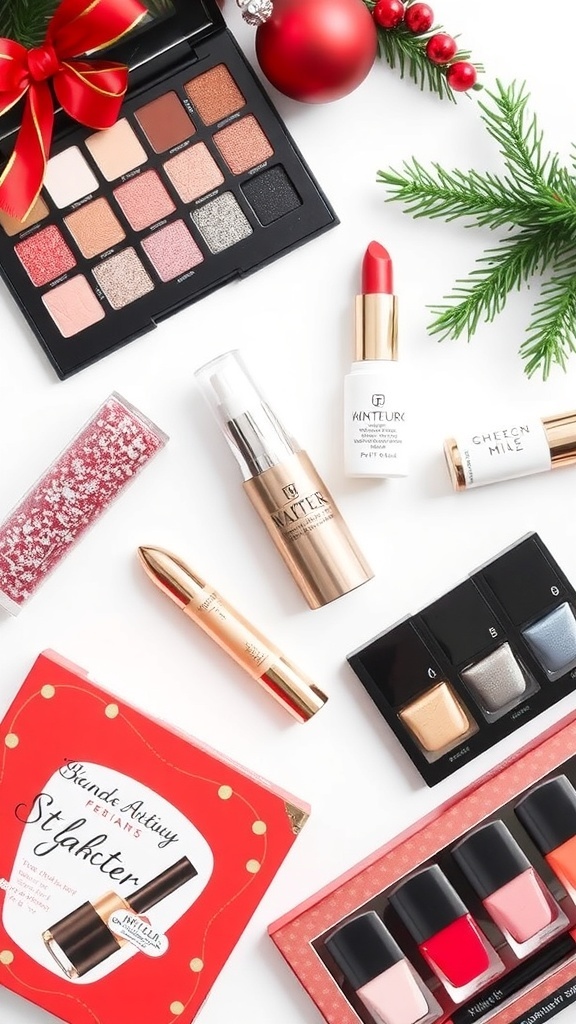 Flat lay of Christmas makeup products including eyeshadow palette, lipstick, highlighter, and nail polish on a festive background.